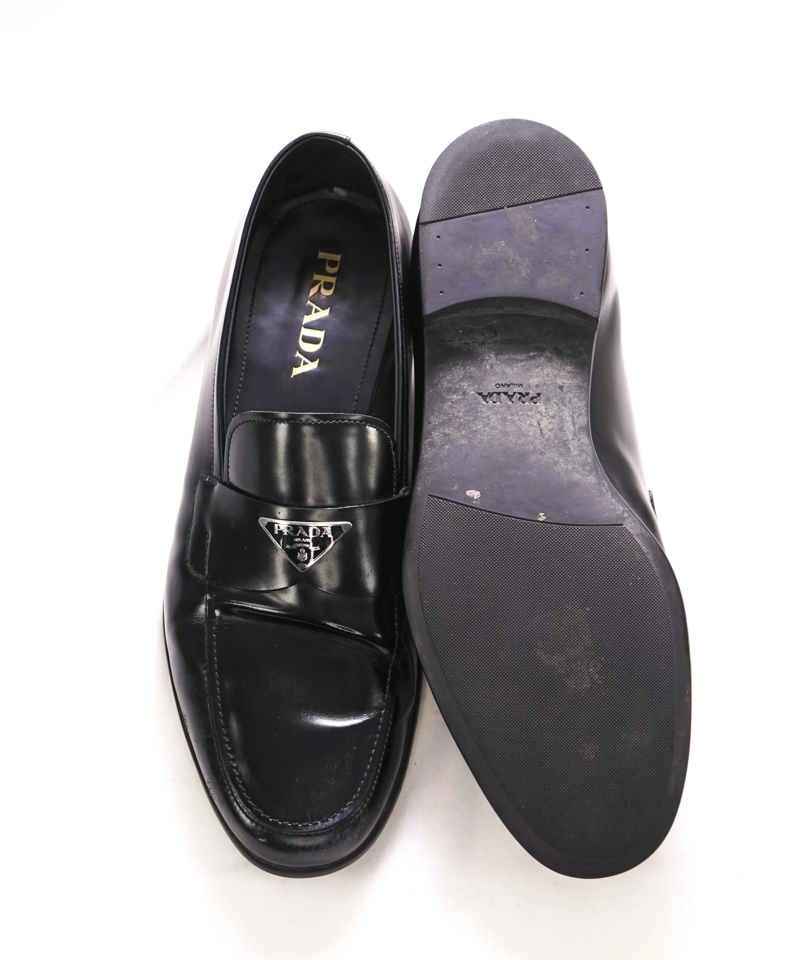 $950 PRADA - Black Patent Leather LOGO Loafers - 10.5 US (9.5 Prada)