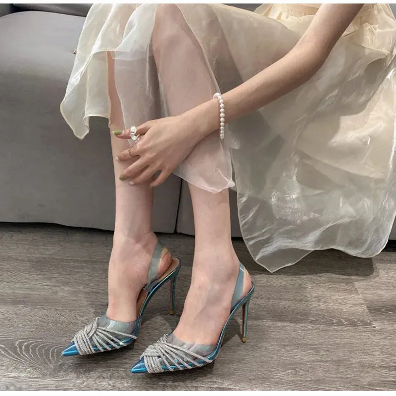 binfenxie Brand 10cm Thin High heels Women Sandals Fashion Transparent PVC Rhinestone Slingbacks Gladiator Sandals Summer Party Prom Shoes
