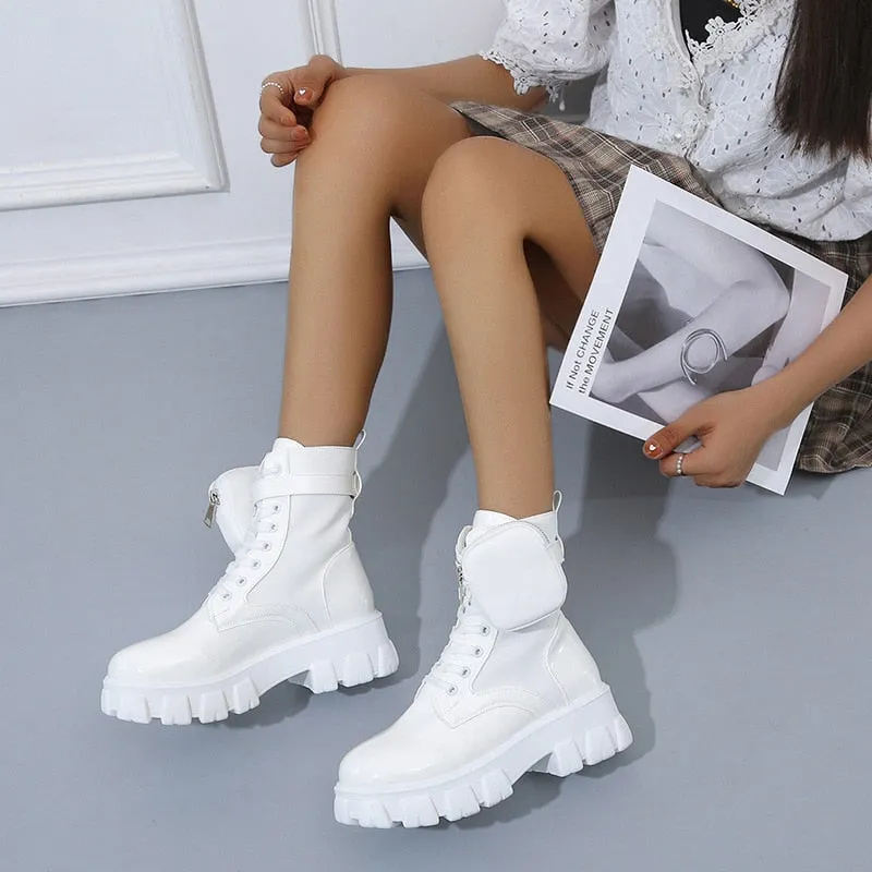 Black Punk Ankle Thick-soled Motorcycle Ankle Boots Women&#39;s Lace-up Spring Thick Heel Belt Buckle Pocket Designer Chunky Shoes