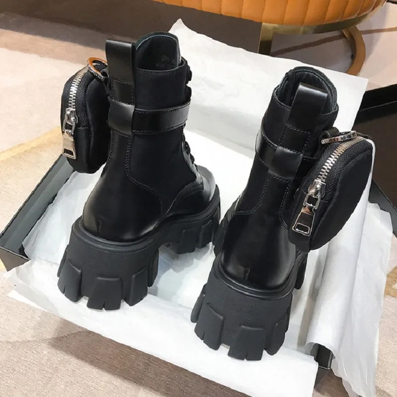 Black Punk Ankle Thick-soled Motorcycle Ankle Boots Women&#39;s Lace-up Spring Thick Heel Belt Buckle Pocket Designer Chunky Shoes