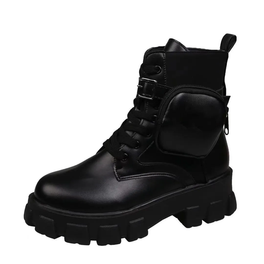 Black Punk Ankle Thick-soled Motorcycle Ankle Boots Women&#39;s Lace-up Spring Thick Heel Belt Buckle Pocket Designer Chunky Shoes