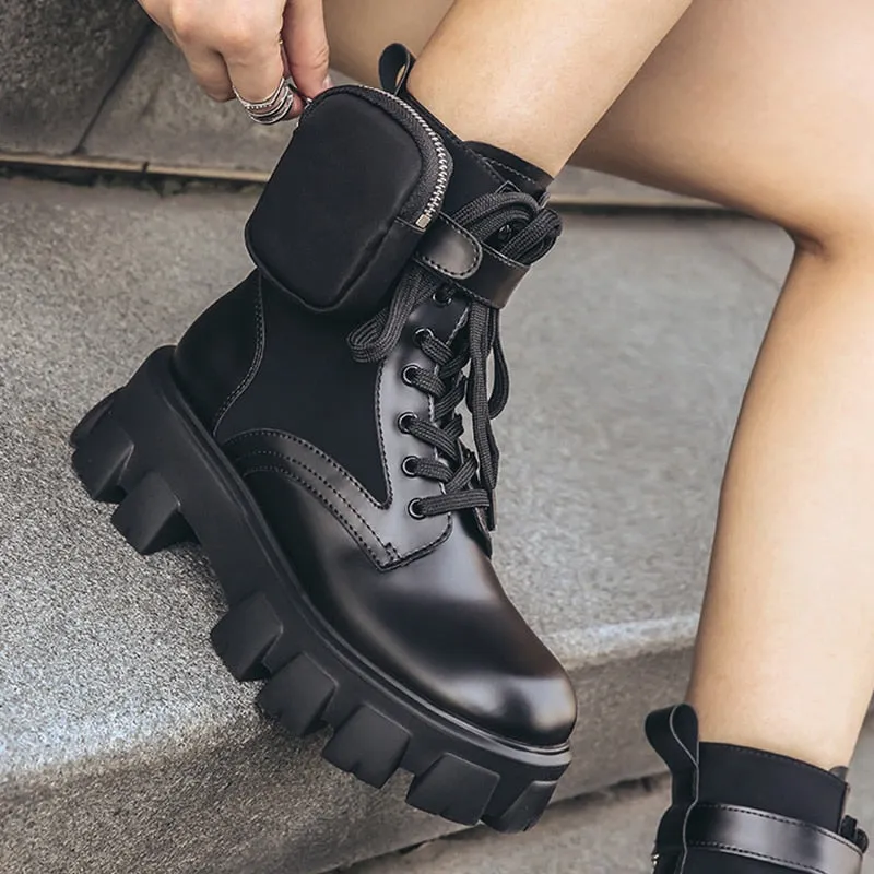 Black Punk Ankle Thick-soled Motorcycle Ankle Boots Women&#39;s Lace-up Spring Thick Heel Belt Buckle Pocket Designer Chunky Shoes