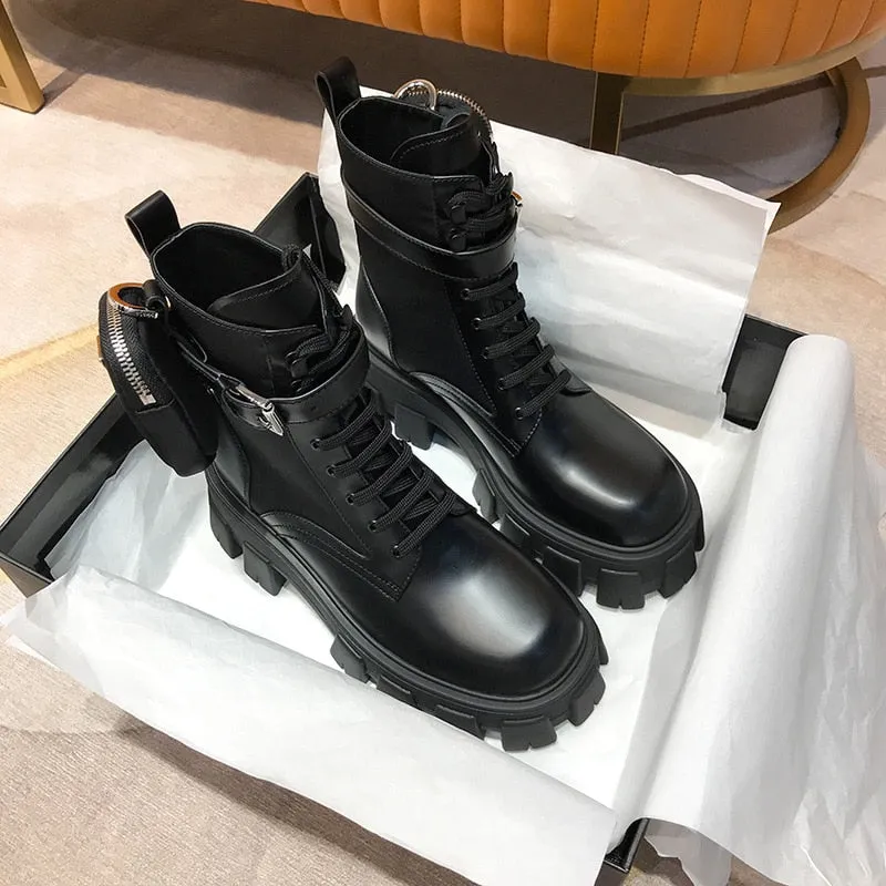 Black Punk Ankle Thick-soled Motorcycle Ankle Boots Women&#39;s Lace-up Spring Thick Heel Belt Buckle Pocket Designer Chunky Shoes