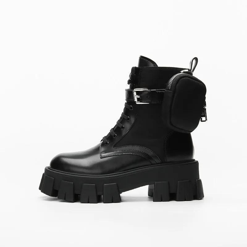 Black Punk Ankle Thick-soled Motorcycle Ankle Boots Women&#39;s Lace-up Spring Thick Heel Belt Buckle Pocket Designer Chunky Shoes