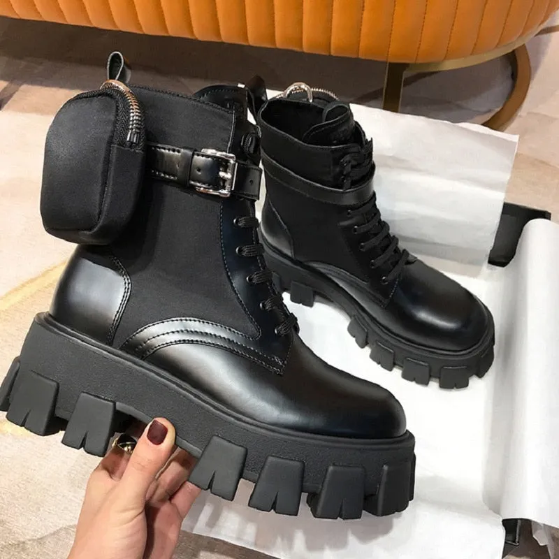 Black Punk Ankle Thick-soled Motorcycle Ankle Boots Women&#39;s Lace-up Spring Thick Heel Belt Buckle Pocket Designer Chunky Shoes