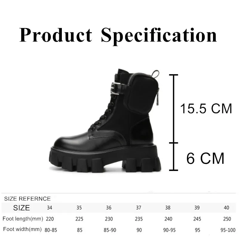 Black Punk Ankle Thick-soled Motorcycle Ankle Boots Women&#39;s Lace-up Spring Thick Heel Belt Buckle Pocket Designer Chunky Shoes