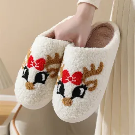 Blue Zone Planet |  Christmas cute bow fox pattern cotton slippers indoor home plush warm slippers