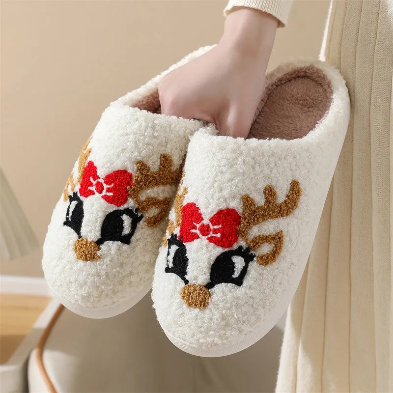 Blue Zone Planet |  Christmas cute bow fox pattern cotton slippers indoor home plush warm slippers