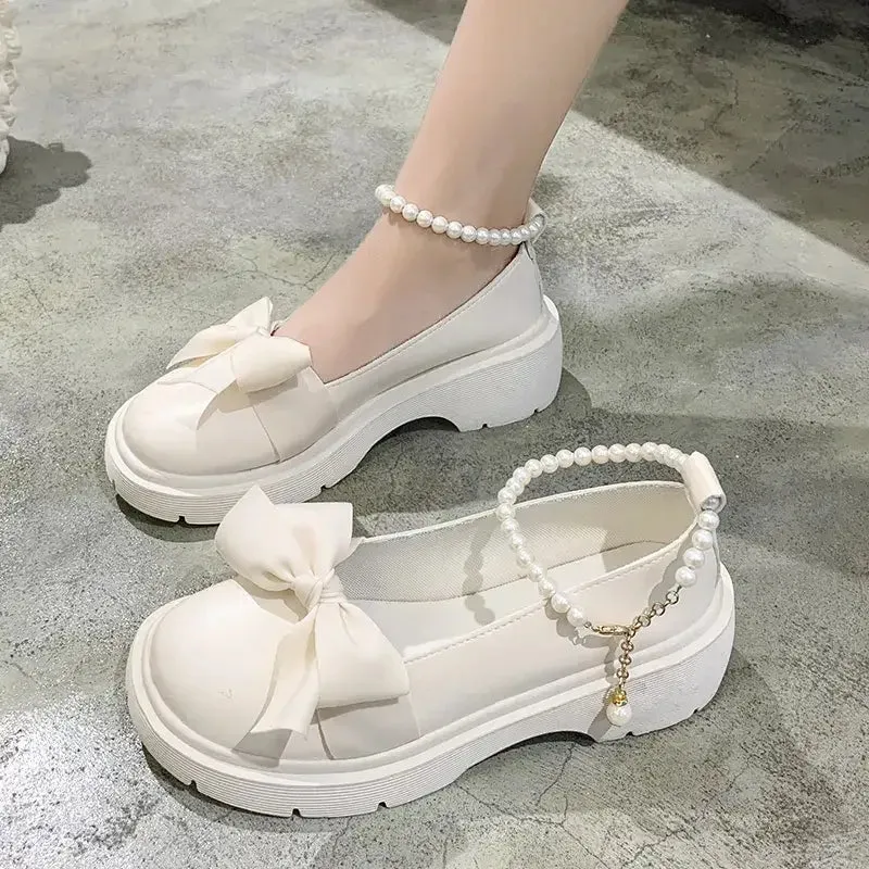 Bow Pearl Chain Thick Platform Shoes