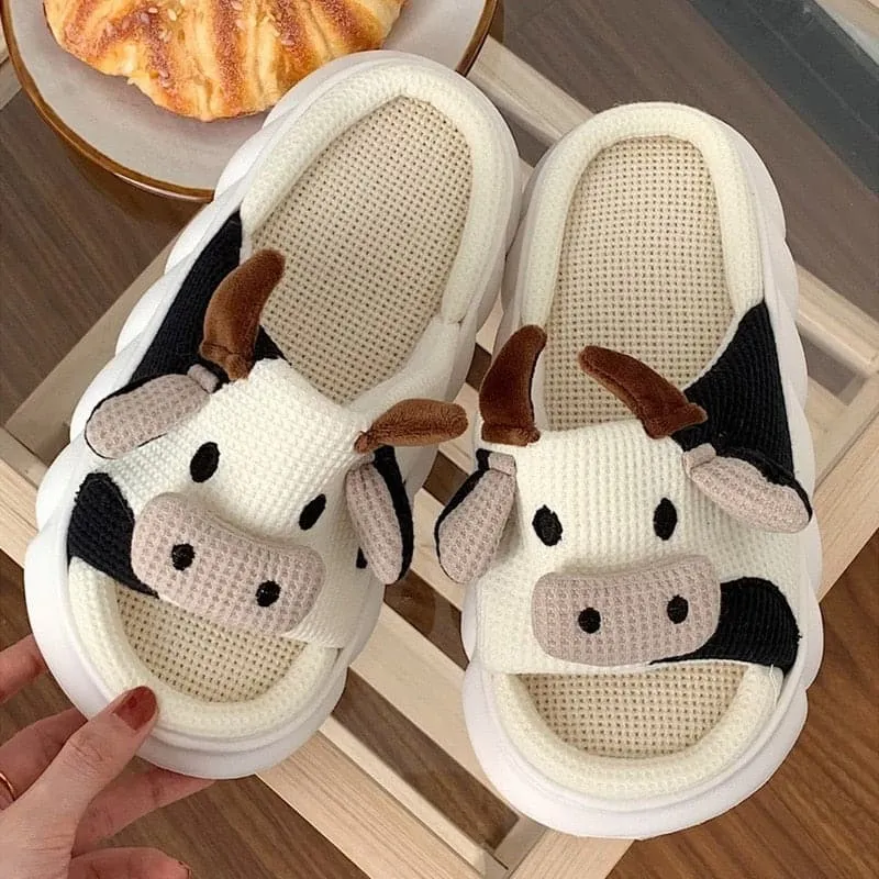Cute Cartoon Milk Cow Linen Slippers For Women Thick Bottom Home Shoes Cotton Couple Indoor Slippers Funny Male Home Slides