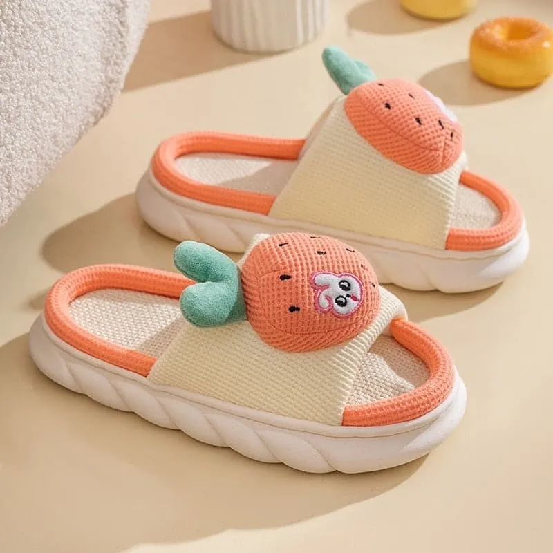 Cute Cartoon Milk Cow Linen Slippers For Women Thick Bottom Home Shoes Cotton Couple Indoor Slippers Funny Male Home Slides