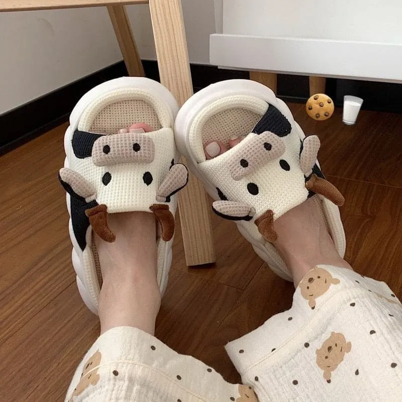 Cute Cartoon Milk Cow Linen Slippers For Women Thick Bottom Home Shoes Cotton Couple Indoor Slippers Funny Male Home Slides