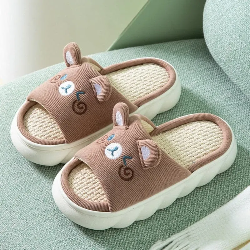 Cute Cartoon Milk Cow Linen Slippers For Women Thick Bottom Home Shoes Cotton Couple Indoor Slippers Funny Male Home Slides