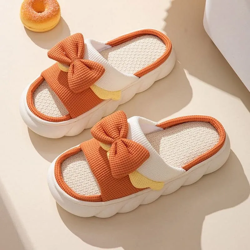 Cute Cartoon Milk Cow Linen Slippers For Women Thick Bottom Home Shoes Cotton Couple Indoor Slippers Funny Male Home Slides