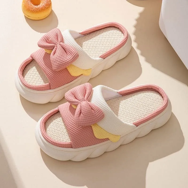 Cute Cartoon Milk Cow Linen Slippers For Women Thick Bottom Home Shoes Cotton Couple Indoor Slippers Funny Male Home Slides