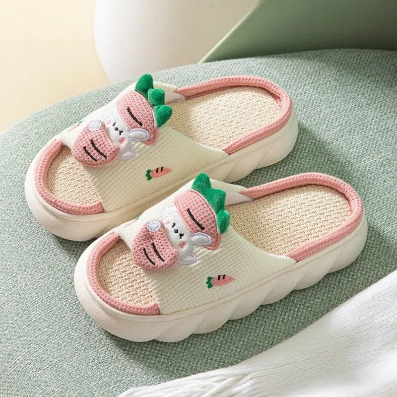 Cute Cartoon Milk Cow Linen Slippers For Women Thick Bottom Home Shoes Cotton Couple Indoor Slippers Funny Male Home Slides