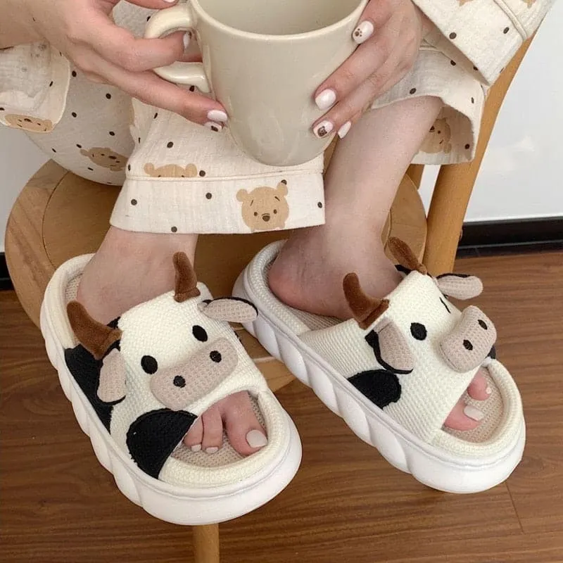 Cute Cartoon Milk Cow Linen Slippers For Women Thick Bottom Home Shoes Cotton Couple Indoor Slippers Funny Male Home Slides