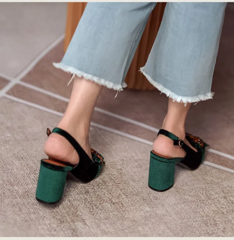 Emerald Velvet Chunky Heel Slingbacks