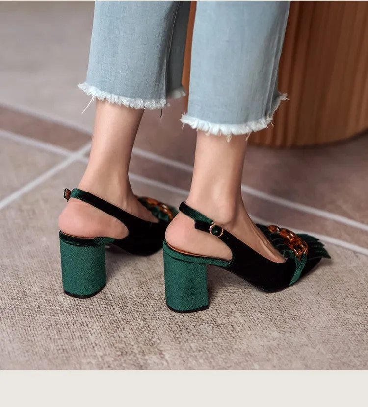 Emerald Velvet Chunky Heel Slingbacks