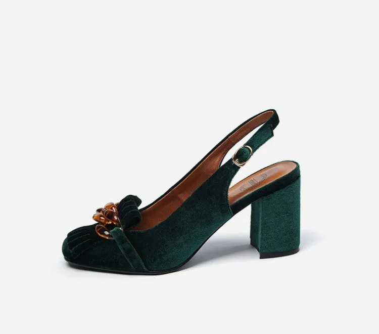 Emerald Velvet Chunky Heel Slingbacks