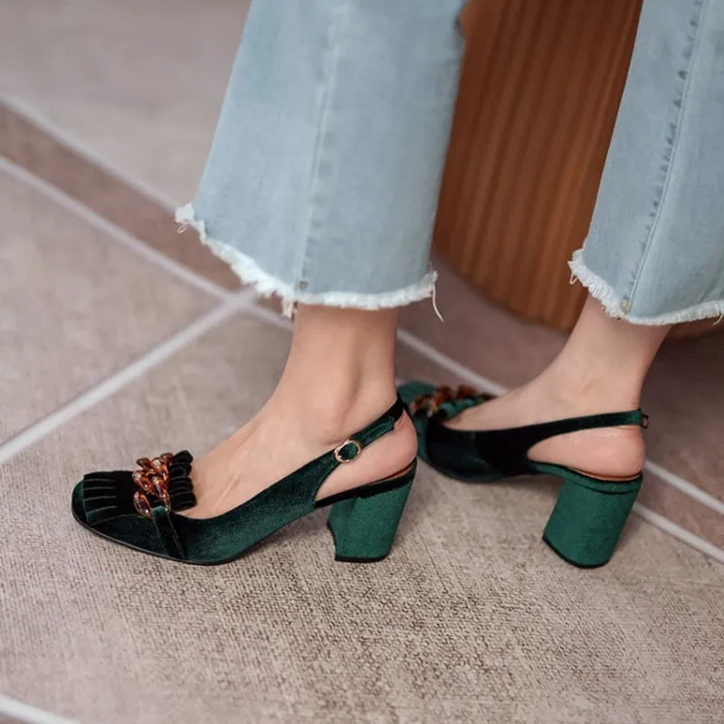 Emerald Velvet Chunky Heel Slingbacks