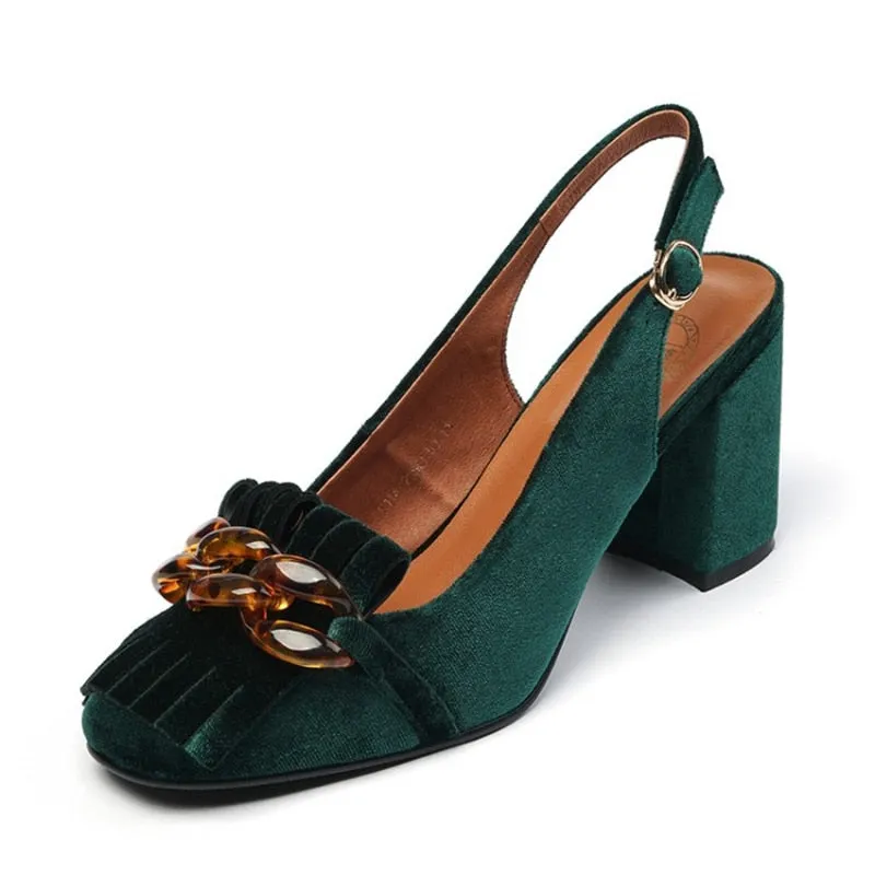 Emerald Velvet Chunky Heel Slingbacks