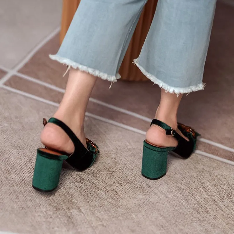 Emerald Velvet Chunky Heel Slingbacks
