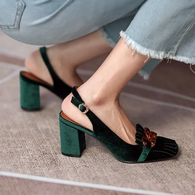 Emerald Velvet Chunky Heel Slingbacks