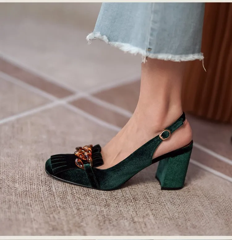 Emerald Velvet Chunky Heel Slingbacks