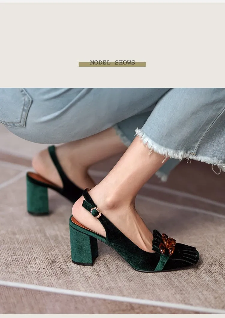 Emerald Velvet Chunky Heel Slingbacks