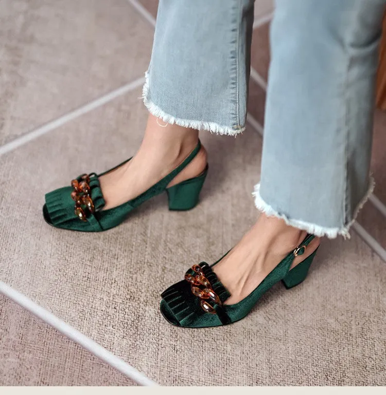 Emerald Velvet Chunky Heel Slingbacks