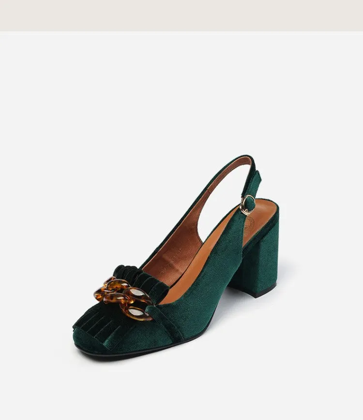 Emerald Velvet Chunky Heel Slingbacks