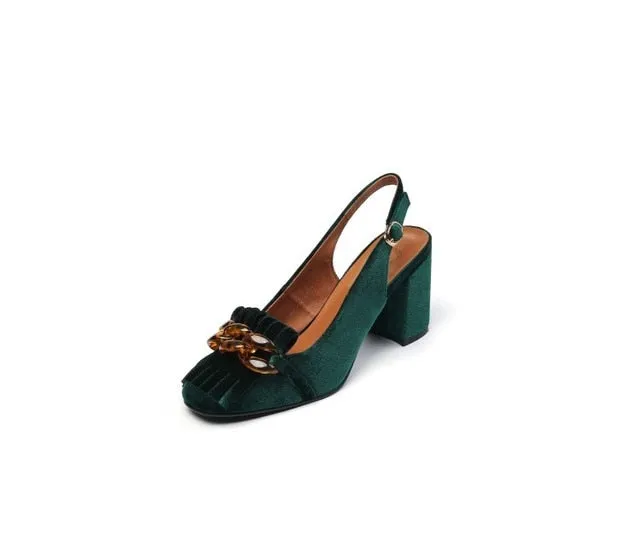 Emerald Velvet Chunky Heel Slingbacks
