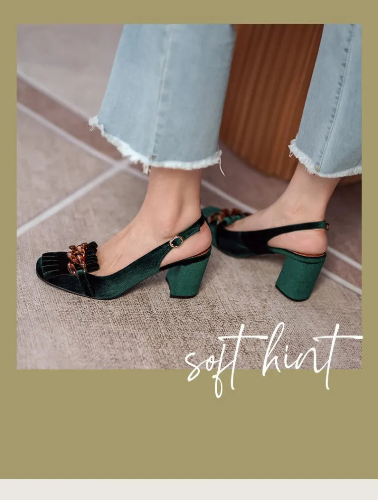 Emerald Velvet Chunky Heel Slingbacks
