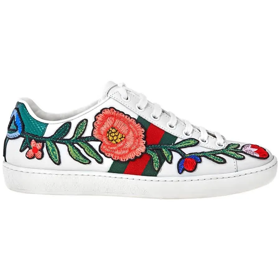 GUCCI Calfskin Web Floral Embroidered Ace Sneakers