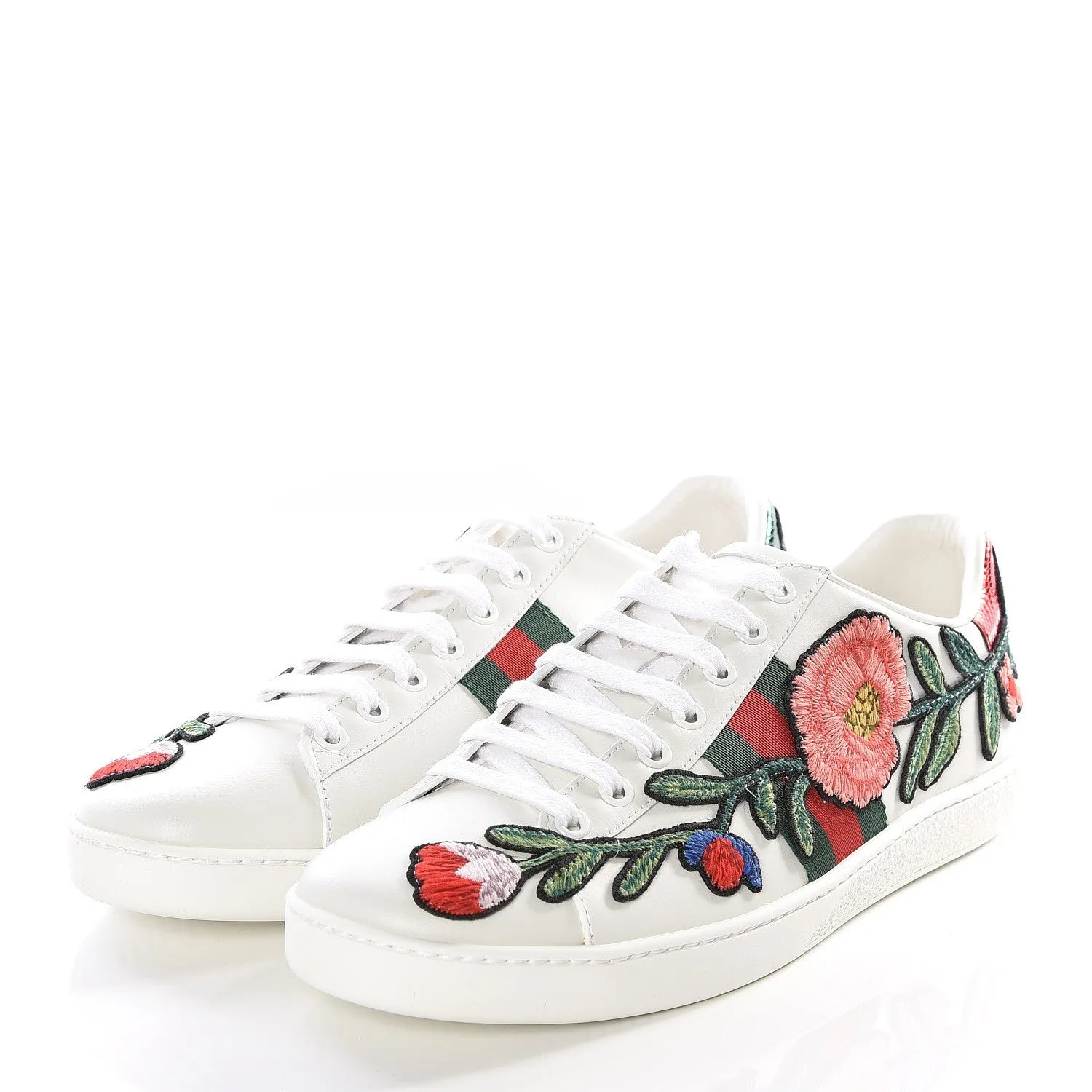 GUCCI Calfskin Web Floral Embroidered Ace Sneakers