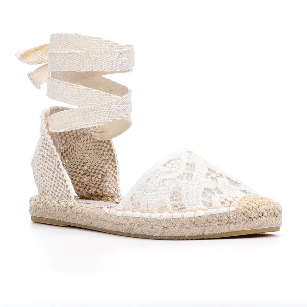 Lace T-strap Espadrille Flats - White