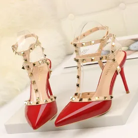 Leather Pointed Toe Rivet High Heels