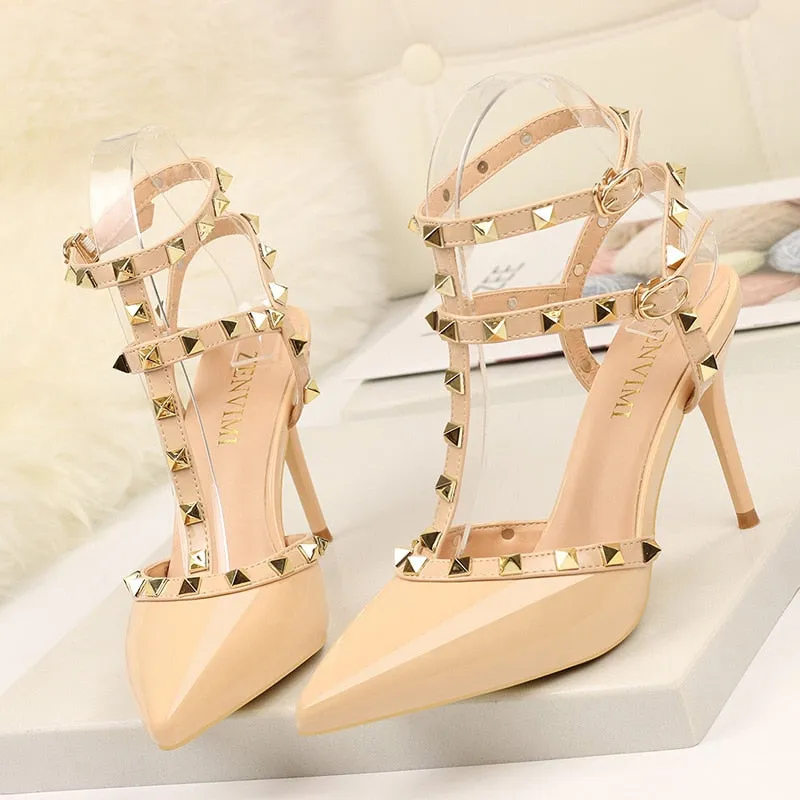 Leather Pointed Toe Rivet High Heels