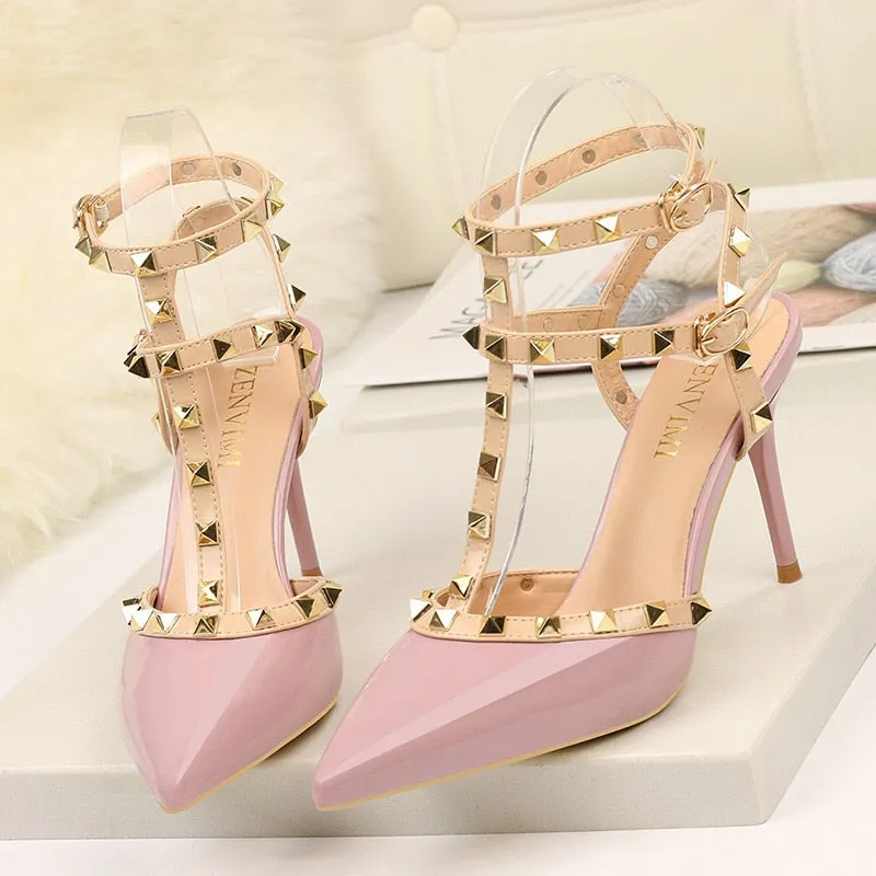 Leather Pointed Toe Rivet High Heels