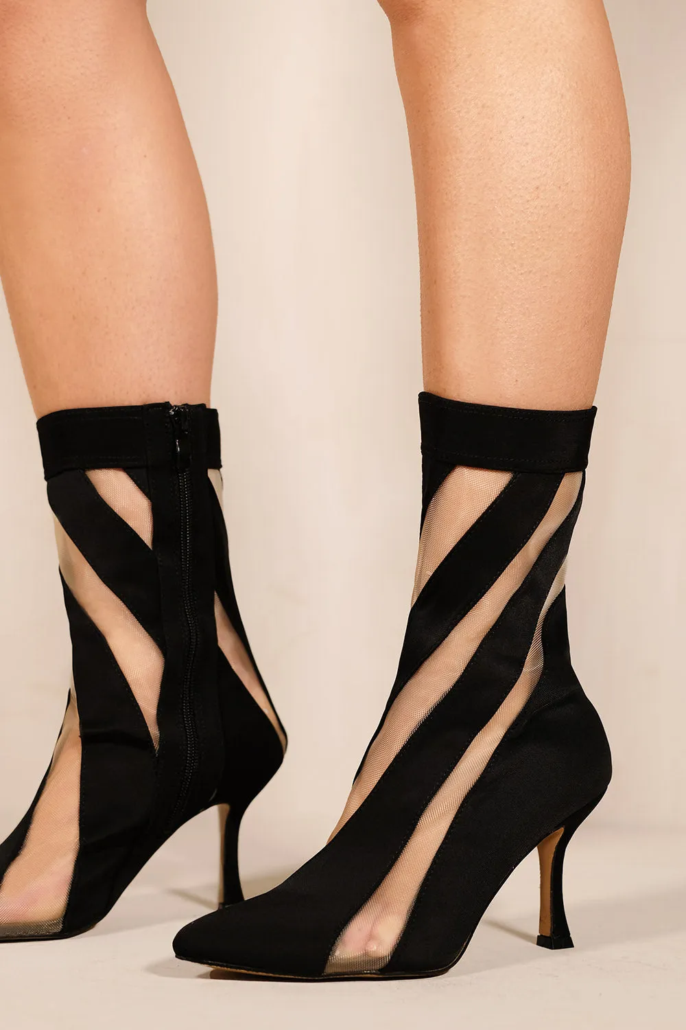 MACARIA MESH STRIPE MID CALF HIGH HEEL BOOTS WITH SIDE ZIP IN BLACK LYCRA