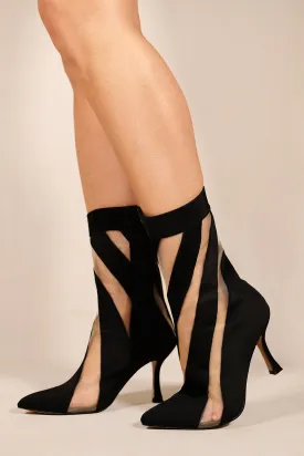 MACARIA MESH STRIPE MID CALF HIGH HEEL BOOTS WITH SIDE ZIP IN BLACK LYCRA