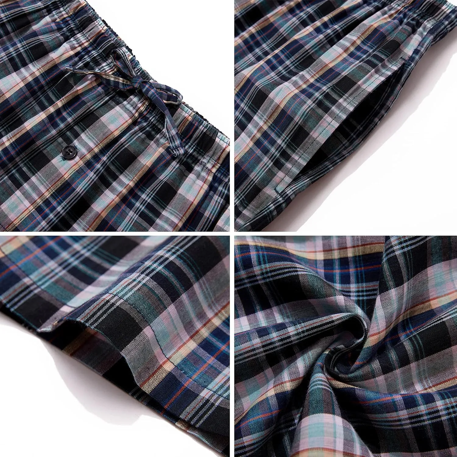 Mens Pajama Pants 100% Cotton Plaid Sleep & Lounge Pants, PJ Bottoms with Pockets and Button Fly