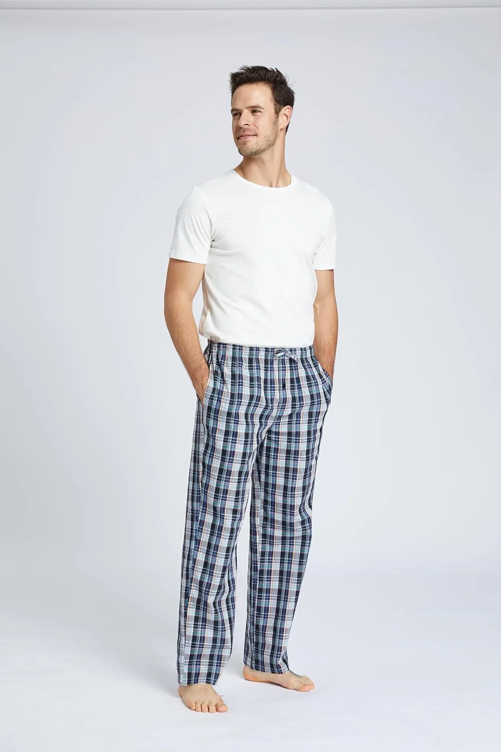Mens Pajama Pants 100% Cotton Plaid Sleep & Lounge Pants, PJ Bottoms with Pockets and Button Fly