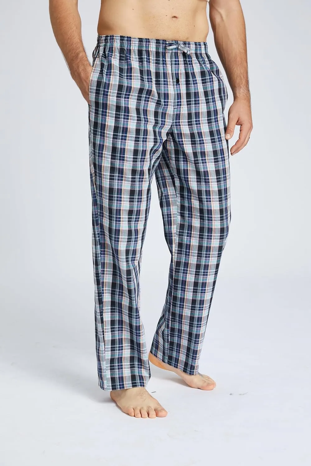 Mens Pajama Pants 100% Cotton Plaid Sleep & Lounge Pants, PJ Bottoms with Pockets and Button Fly