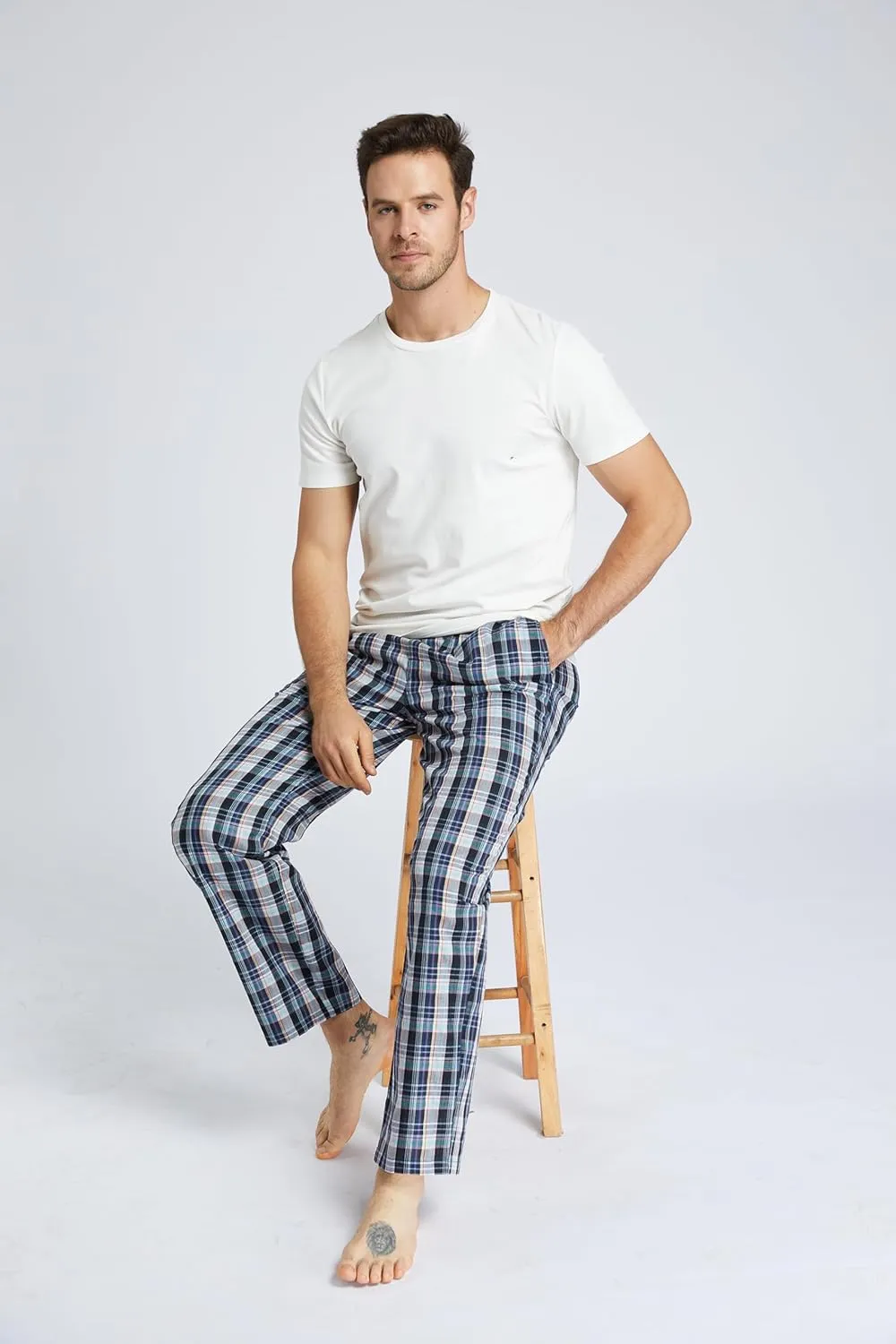Mens Pajama Pants 100% Cotton Plaid Sleep & Lounge Pants, PJ Bottoms with Pockets and Button Fly