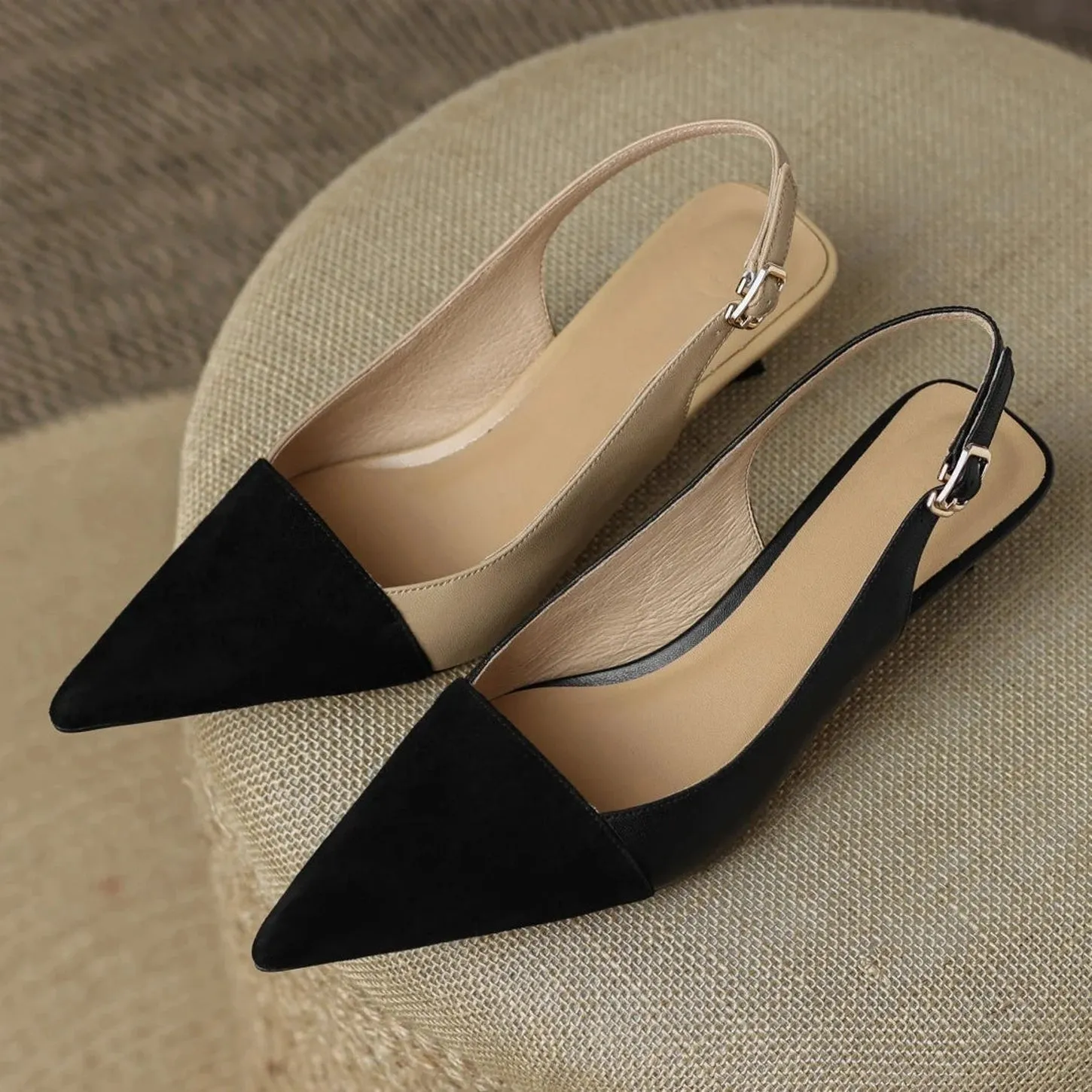 Merendy Fatma Leather Slip-On Pointed Toe Kitten Heel Slingback Pumps