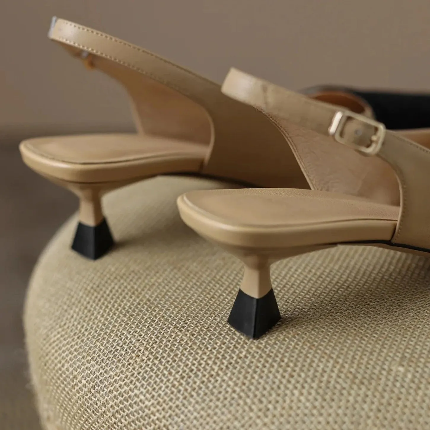Merendy Fatma Leather Slip-On Pointed Toe Kitten Heel Slingback Pumps