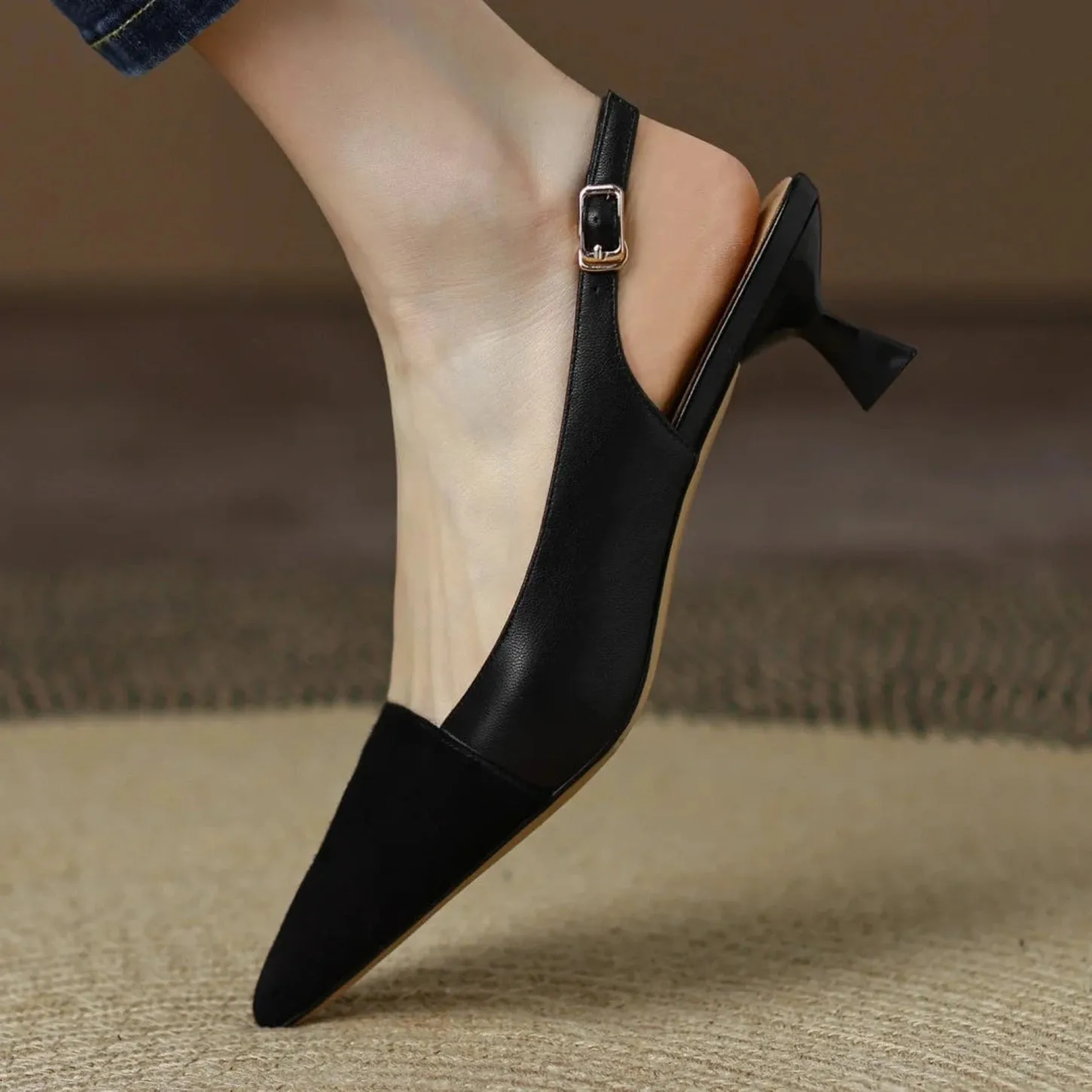 Merendy Fatma Leather Slip-On Pointed Toe Kitten Heel Slingback Pumps