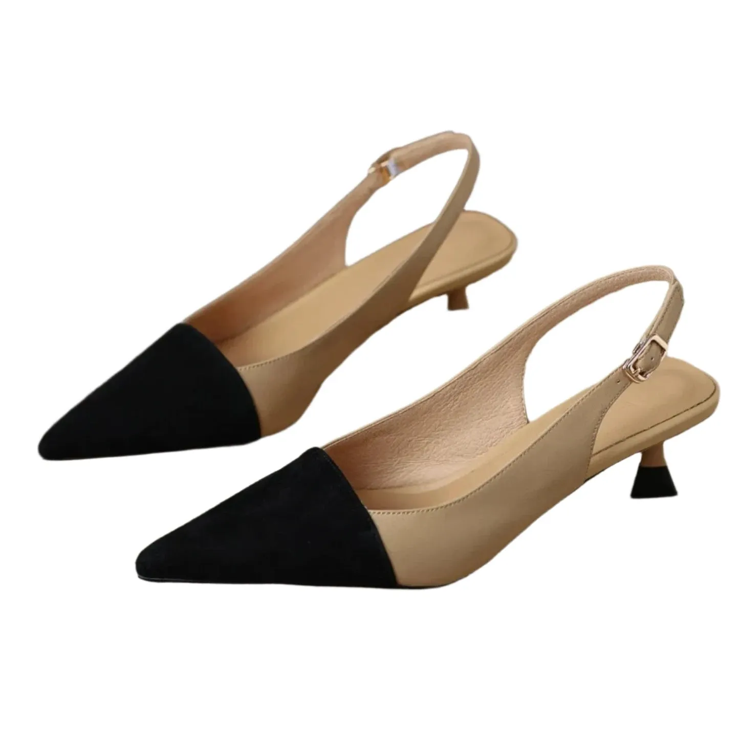 Merendy Fatma Leather Slip-On Pointed Toe Kitten Heel Slingback Pumps